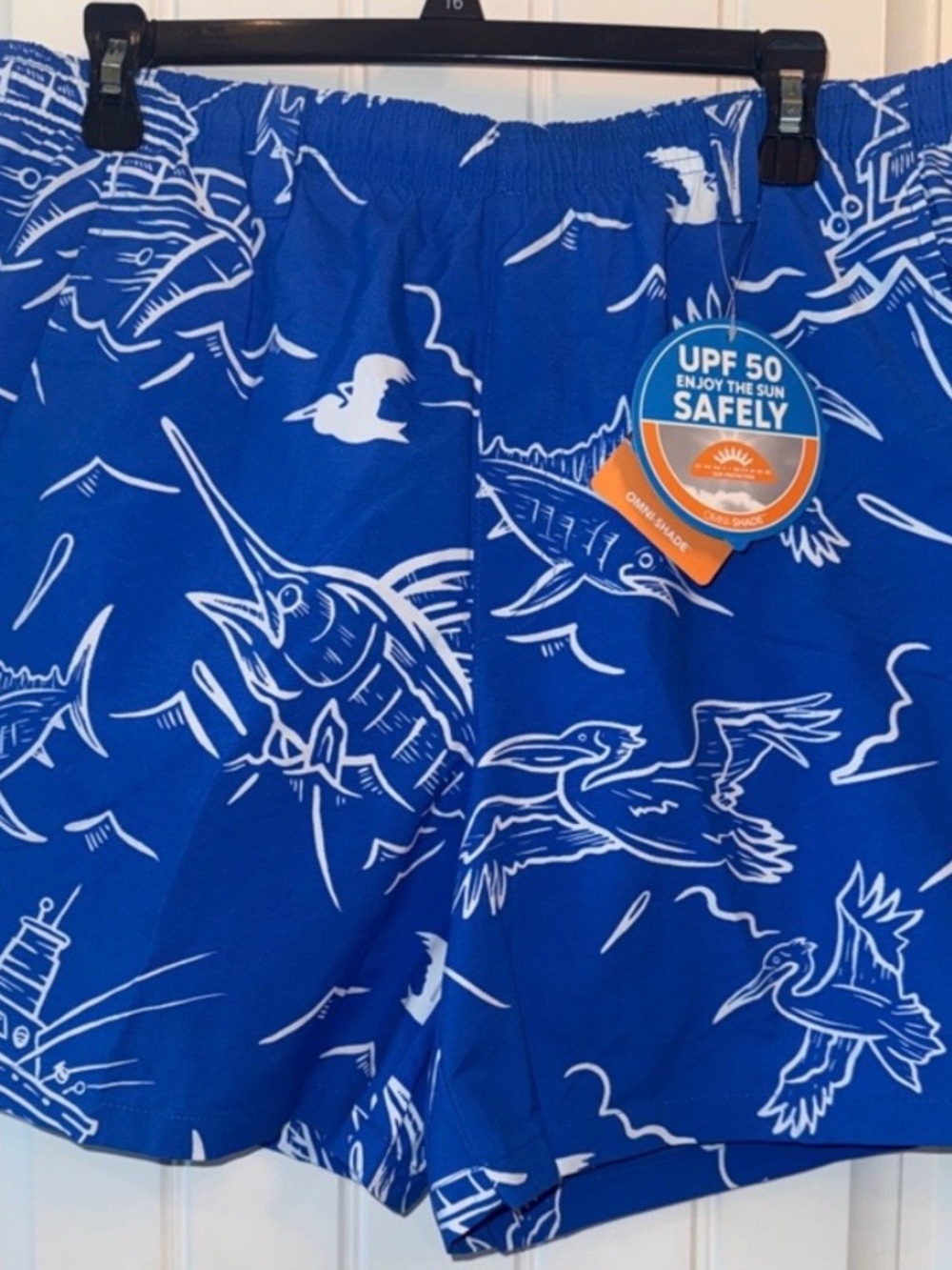 Columbia PFG Men’s Marlin Fish Print Swim Trunks NWT UPF 50 Blue White Medium